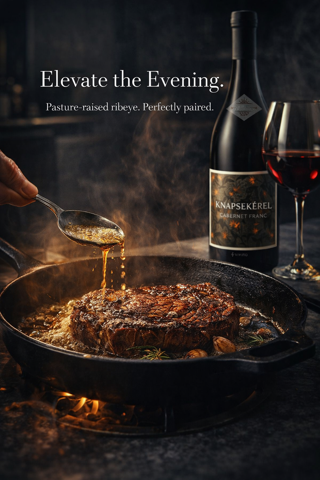 Two 300g Rib Eye Steaks with KNAPSEKÊREL Cabernet Franc 2024 Wine