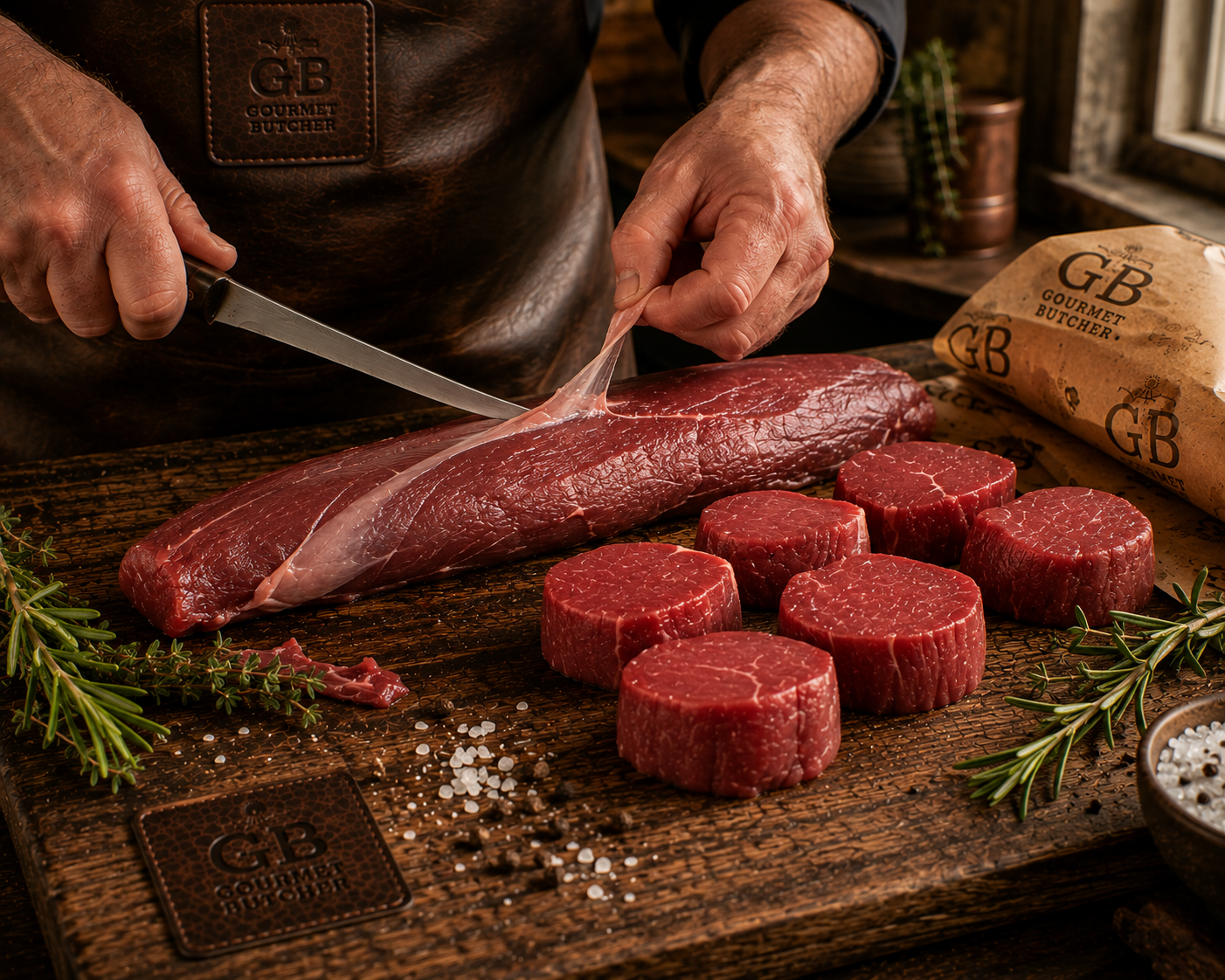 Gourmet Butcher preparing premium beef fillet by hand