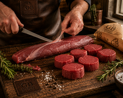 Gourmet Butcher preparing premium beef fillet by hand