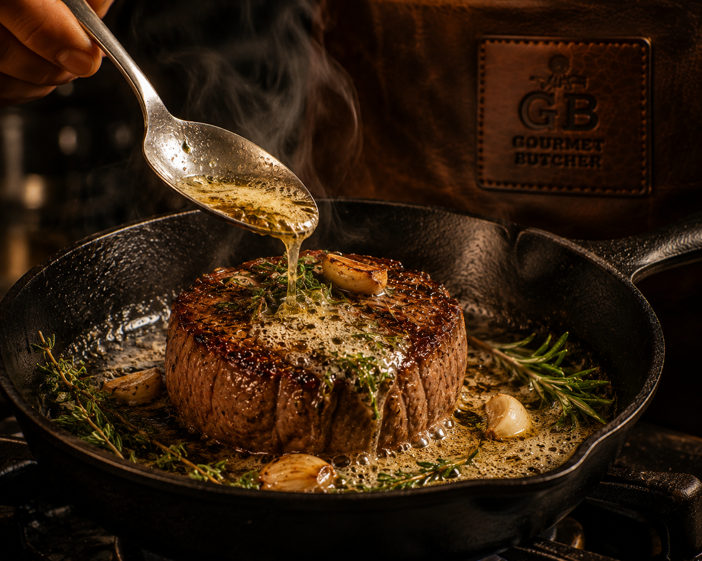 Premium beef fillet cooking in a cast-iron pan